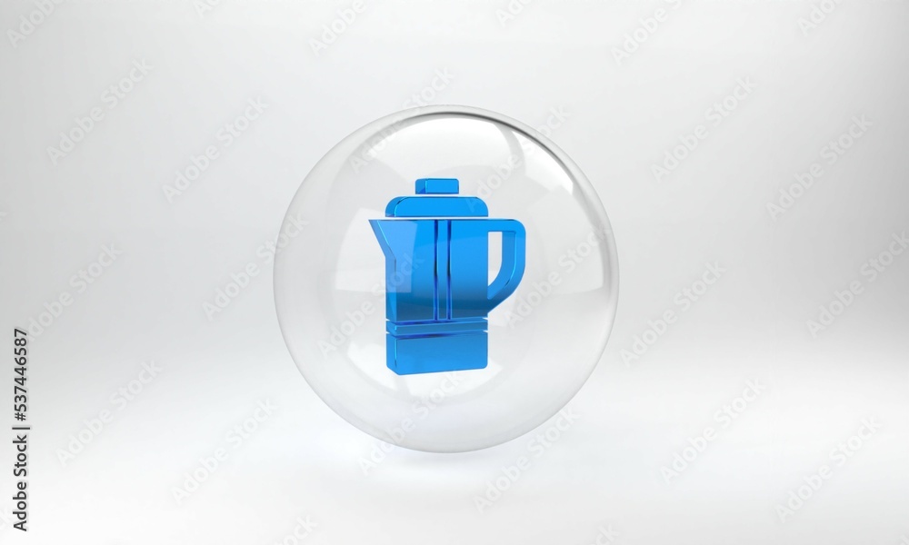 Blue Teapot icon isolated on grey background. Glass circle button. 3D render illustration