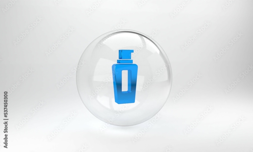 Blue Bottle of shampoo icon isolated on grey background. Glass circle button. 3D render illustration