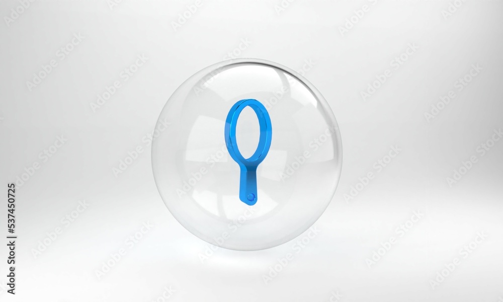 Blue Hand mirror icon isolated on grey background. Glass circle button. 3D render illustration