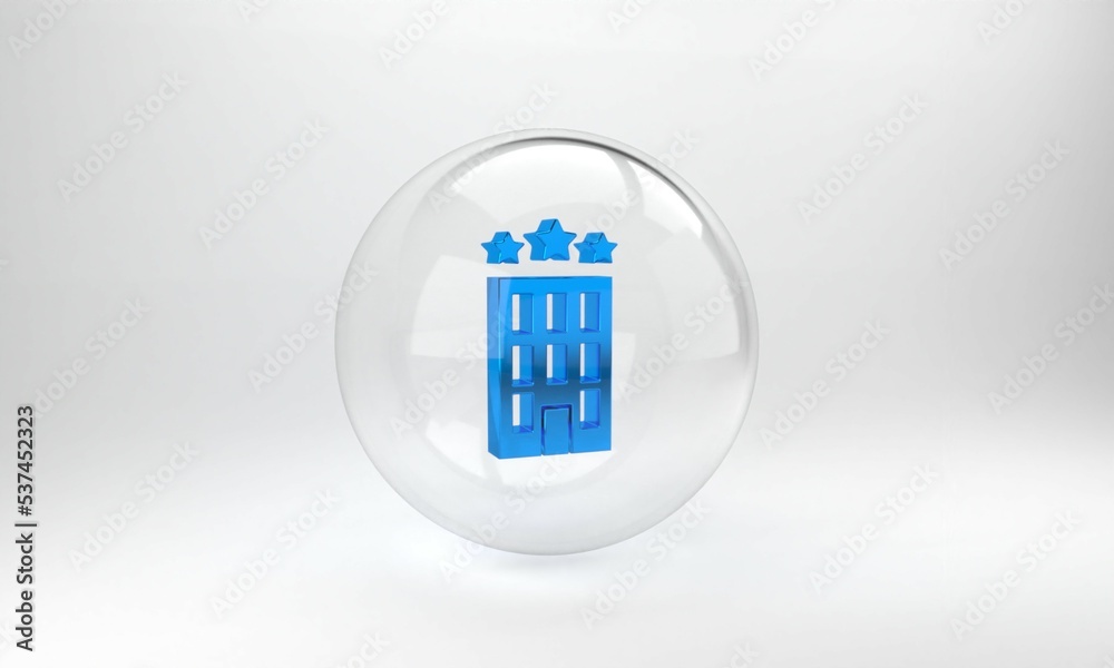 Blue Hotel building icon isolated on grey background. Glass circle button. 3D render illustration