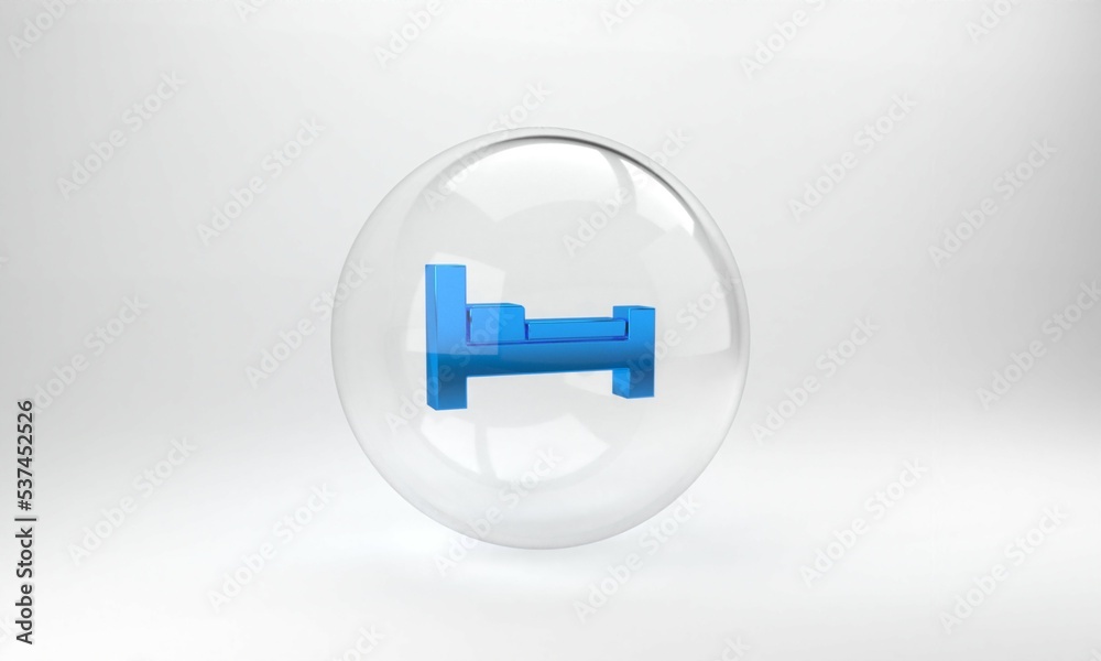 Blue Hotel room bed icon isolated on grey background. Glass circle button. 3D render illustration