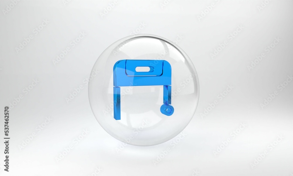 Blue Barbecue grill icon isolated on grey background. BBQ grill party. Glass circle button. 3D rende