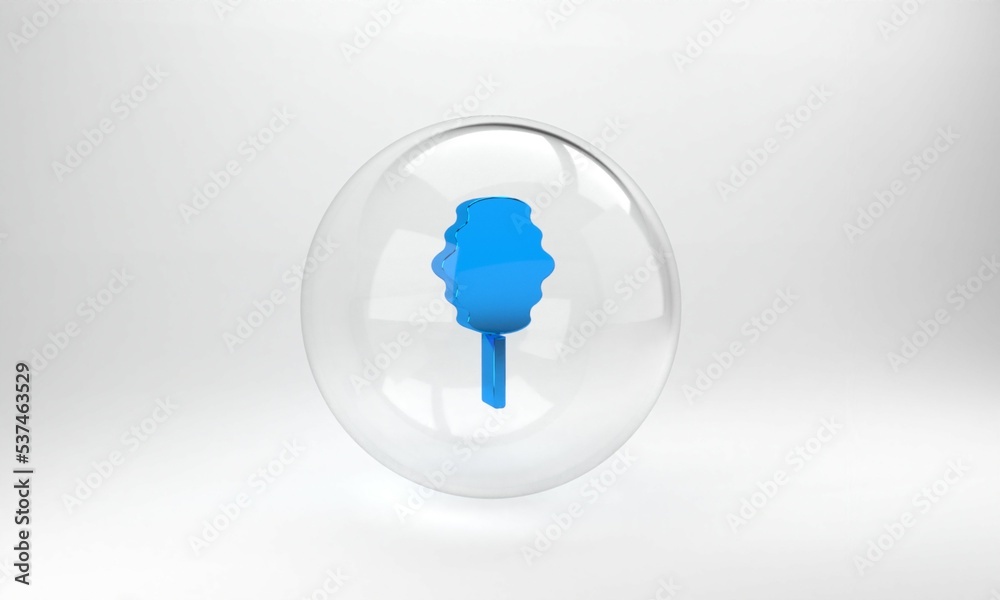 Blue Cotton candy icon isolated on grey background. Glass circle button. 3D render illustration