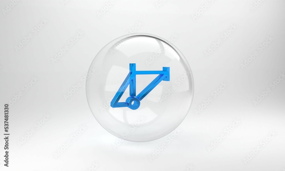 Blue Bicycle frame icon isolated on grey background. Glass circle button. 3D render illustration