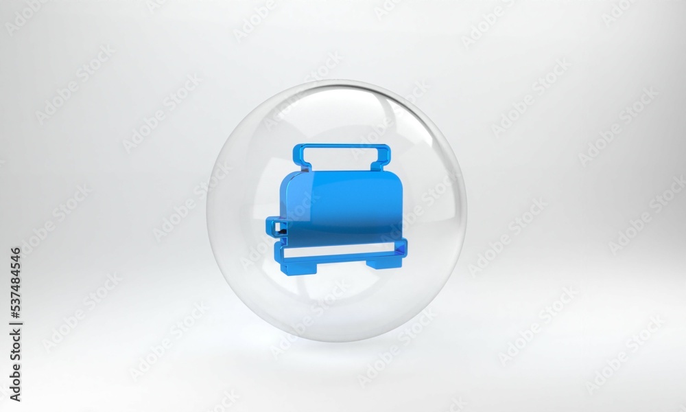 Blue Toaster icon isolated on grey background. Glass circle button. 3D render illustration