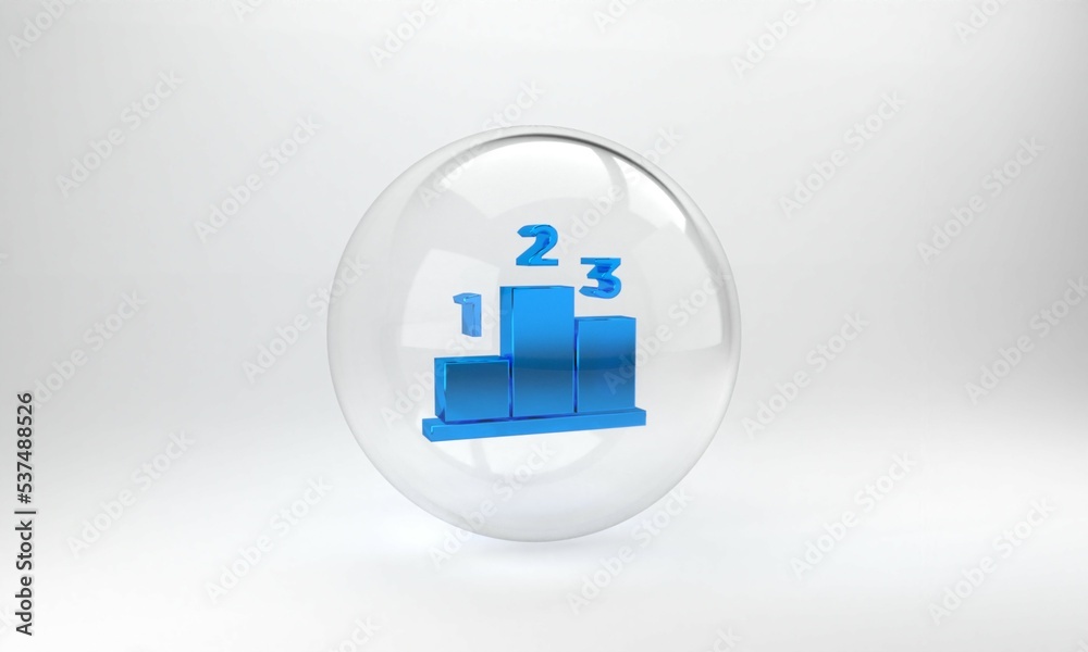 Blue Award over sports winner podium icon isolated on grey background. Glass circle button. 3D rende