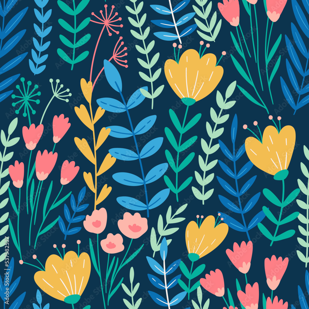 Vector floral seamless pattern. Flowers on dark blue background. Beautiful spring floral repeat back