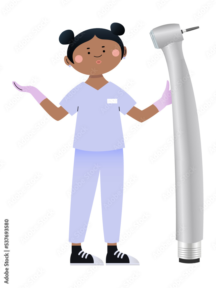 Female dentist with dental drill on white background