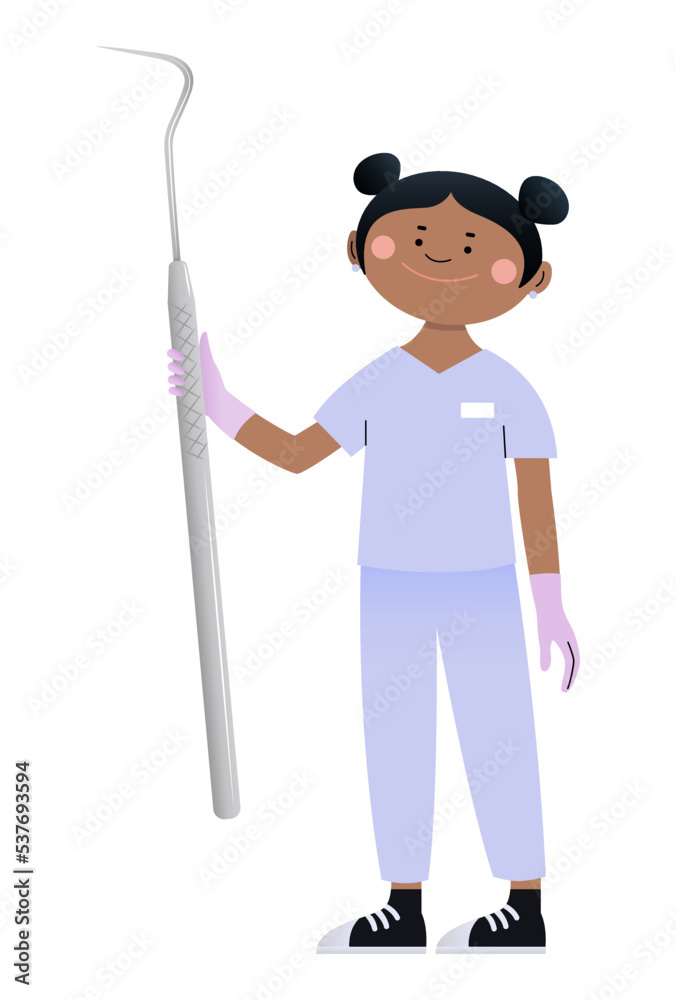 Female dentist with tool on white background