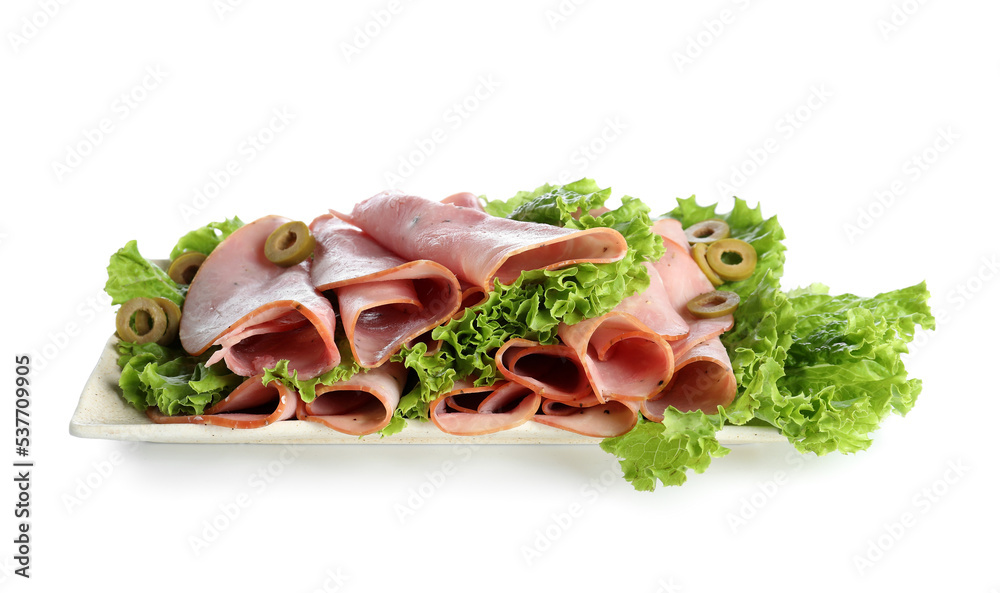 Plate with rolled slices of ham and lettuce on white background