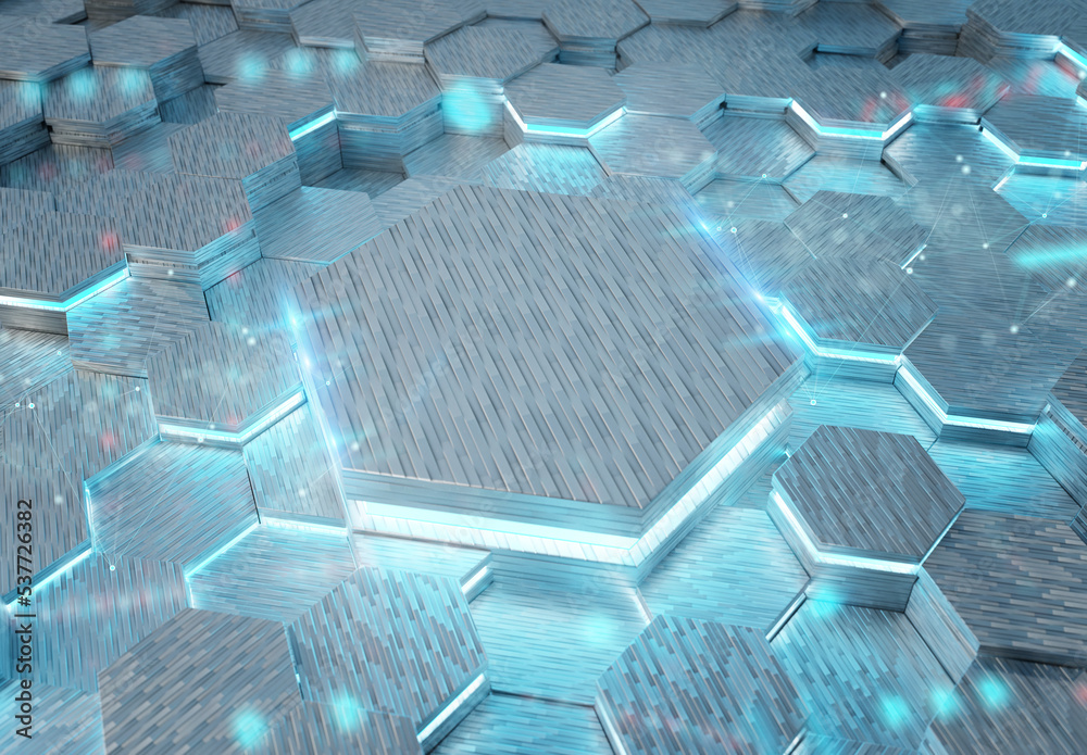 Glowing white and blue hexagons podium background pattern. Hexagonal metal surface with lights and r