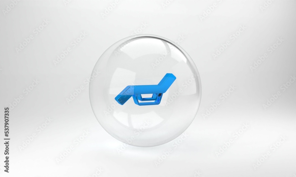 Blue Sunbed icon isolated on grey background. Sun lounger. Glass circle button. 3D render illustrati