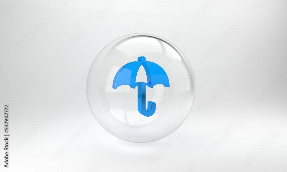 Blue Classic elegant opened umbrella icon isolated on grey background. Rain protection symbol. Glass