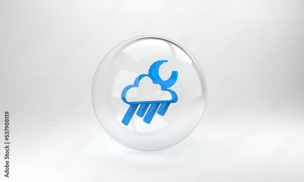 Blue Cloud with rain and moon icon isolated on grey background. Rain cloud precipitation with rain d