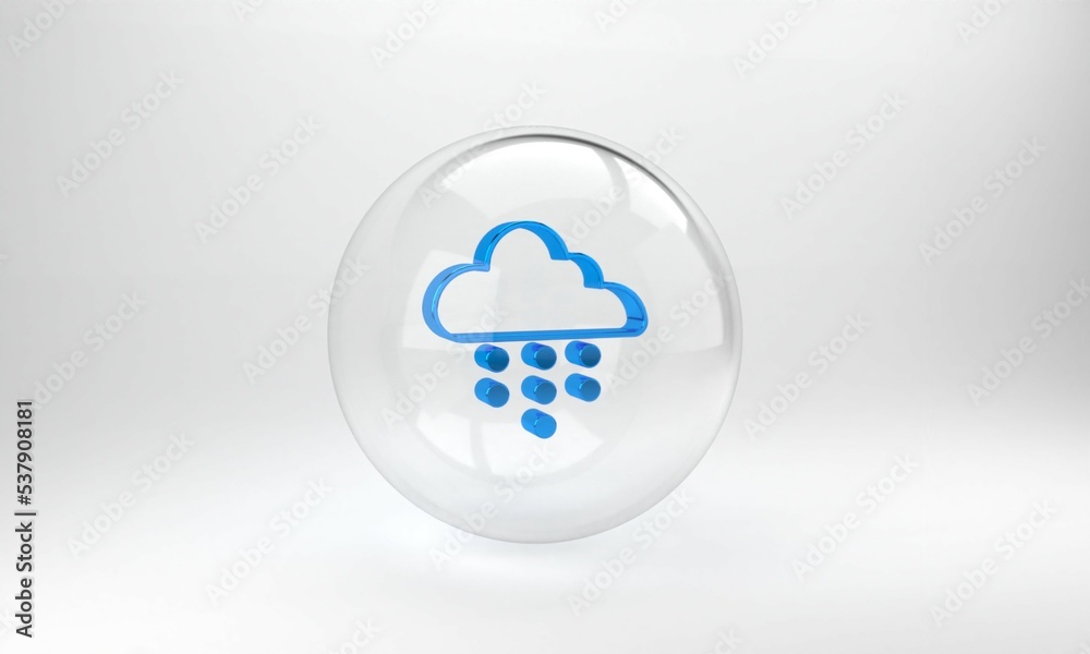 Blue Cloud with rain icon isolated on grey background. Rain cloud precipitation with rain drops. Gla