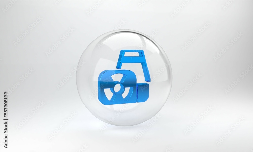 Blue Nuclear power plant icon isolated on grey background. Energy industrial concept. Glass circle b