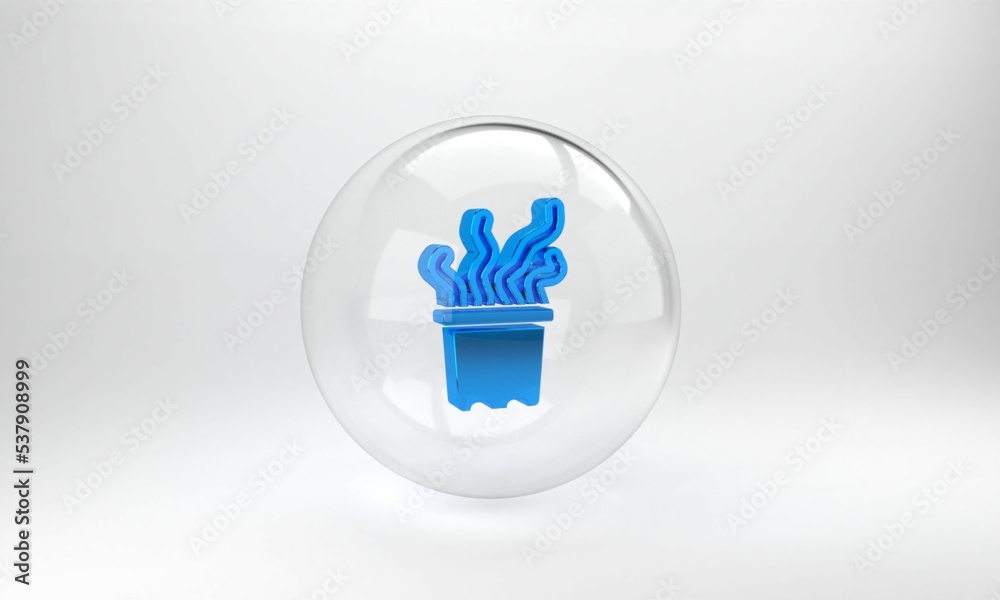 Blue Exotic tropical plant in pot icon isolated on grey background. Glass circle button. 3D render i