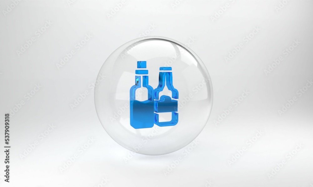 Blue Whiskey bottle icon isolated on grey background. Glass circle button. 3D render illustration