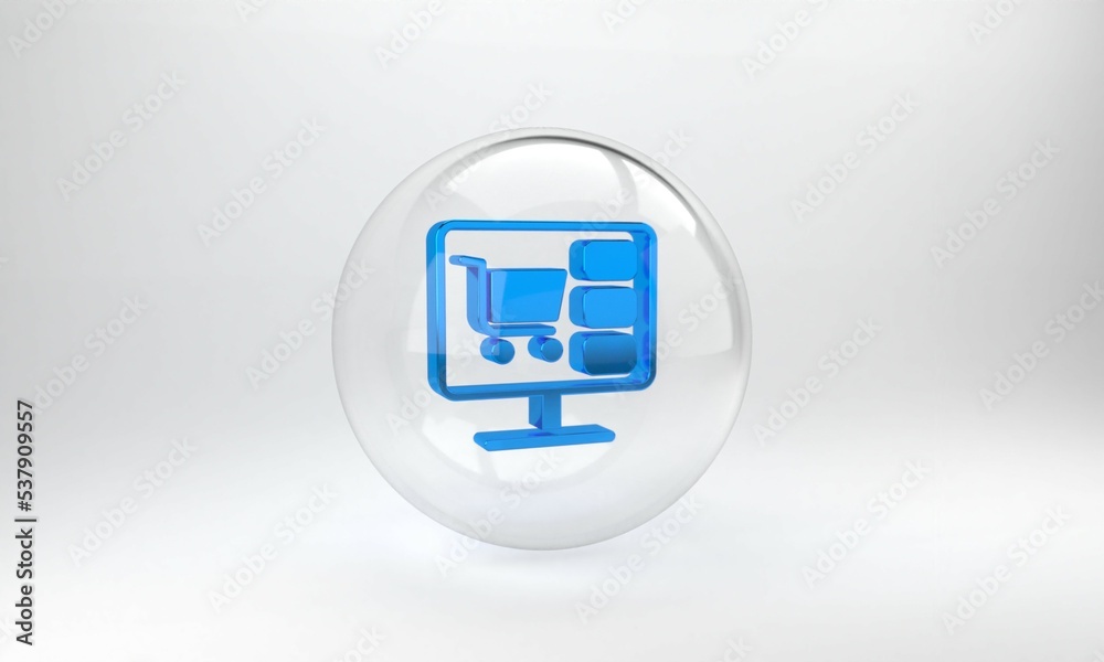 Blue Shopping cart on screen computer icon isolated on grey background. Concept e-commerce, e-busine