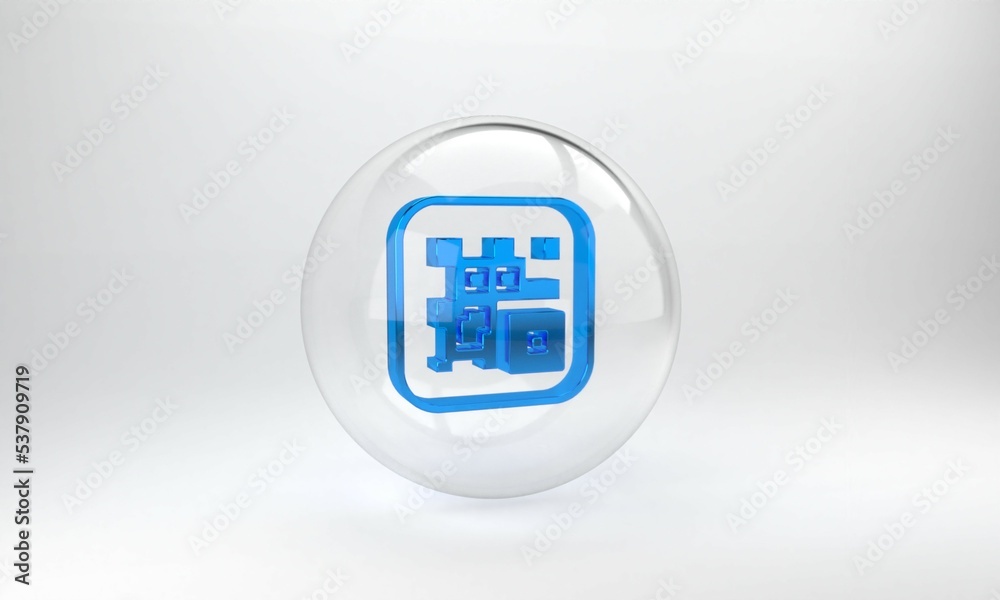 Blue QR code sample for smartphone scanning icon isolated on grey background. Glass circle button. 3