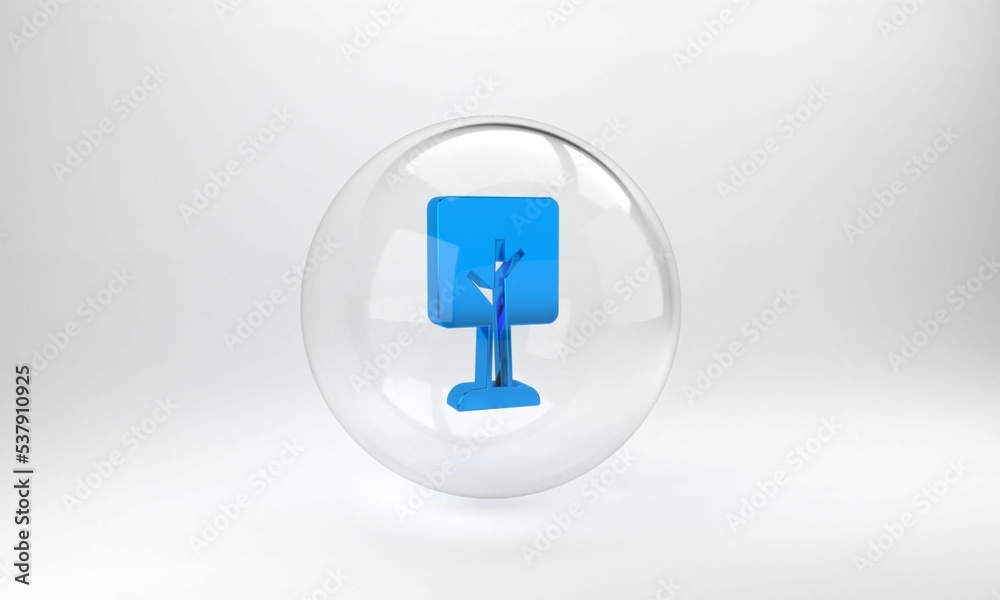 Blue Tree icon isolated on grey background. Forest symbol. Glass circle button. 3D render illustrati