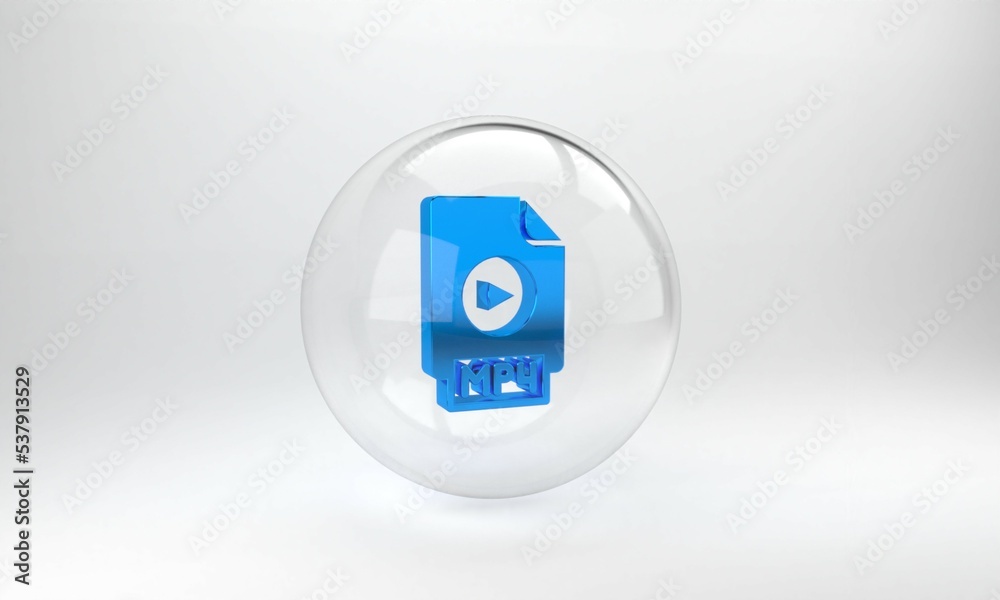 Blue MP4 file document. Download mp4 button icon isolated on grey background. MP4 file symbol. Glass