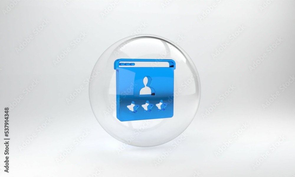 Blue Consumer or customer product rating icon isolated on grey background. Glass circle button. 3D r