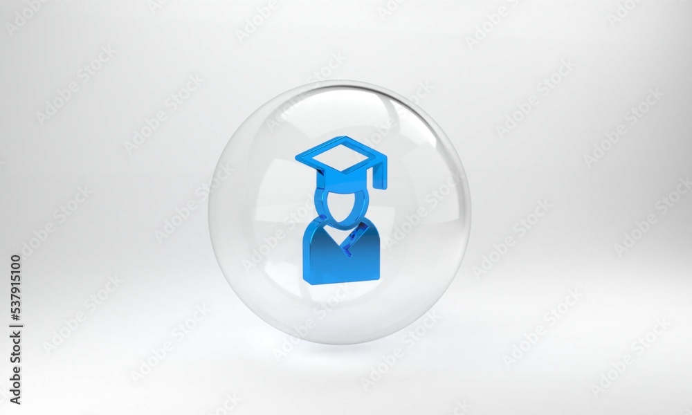 Blue Graduate and graduation cap icon isolated on grey background. Glass circle button. 3D render il