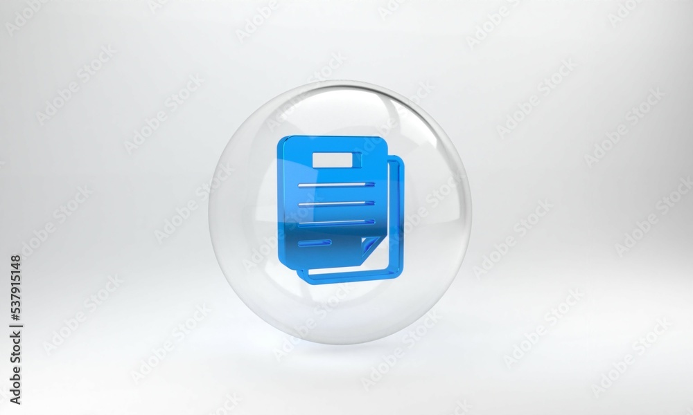 Blue Document icon isolated on grey background. File icon. Checklist icon. Business concept. Glass c