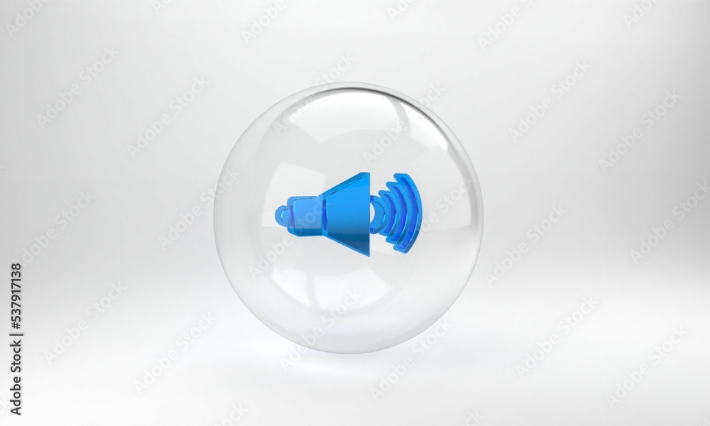 Blue Speaker volume, audio voice sound symbol, media music icon isolated on grey background. Glass c