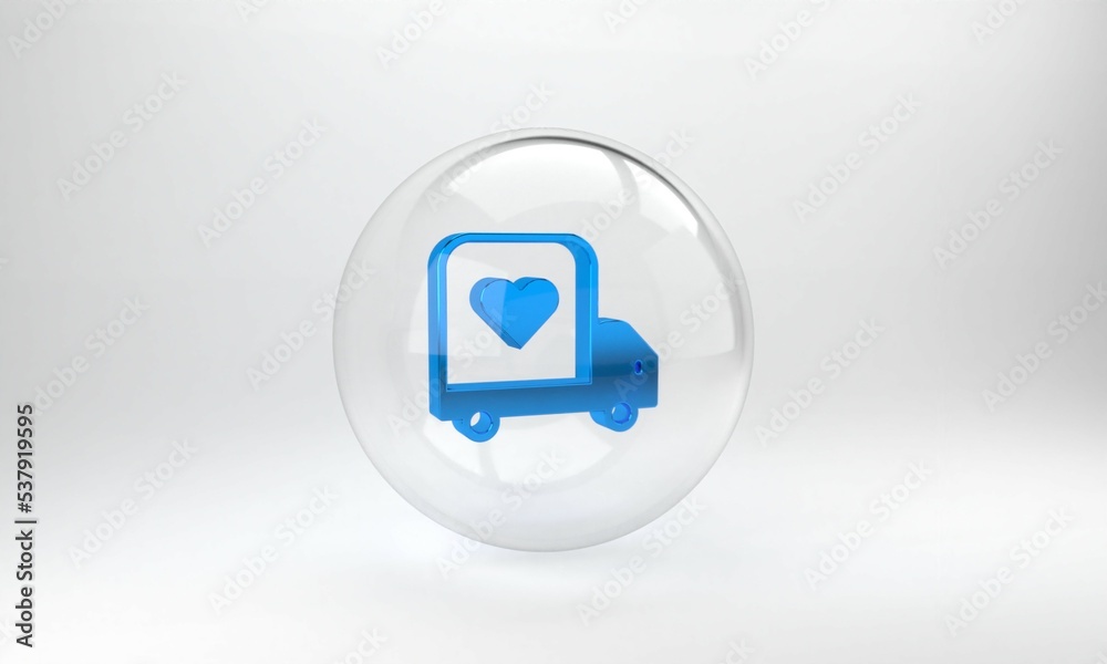 Blue Delivery truck with heart icon isolated on grey background. Love delivery truck. Love truck val