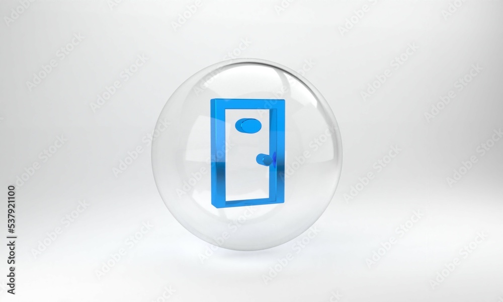 Blue Hotel corridor with closed numbered door icon isolated on grey background. Glass circle button.