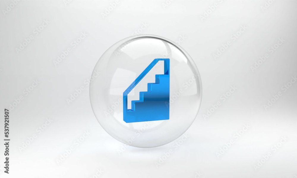 Blue Stairs up icon isolated on grey background. Glass circle button. 3D render illustration