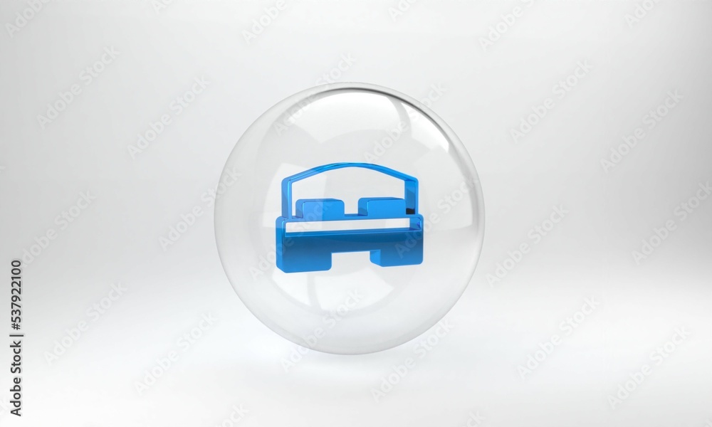 Blue Hotel room bed icon isolated on grey background. Glass circle button. 3D render illustration