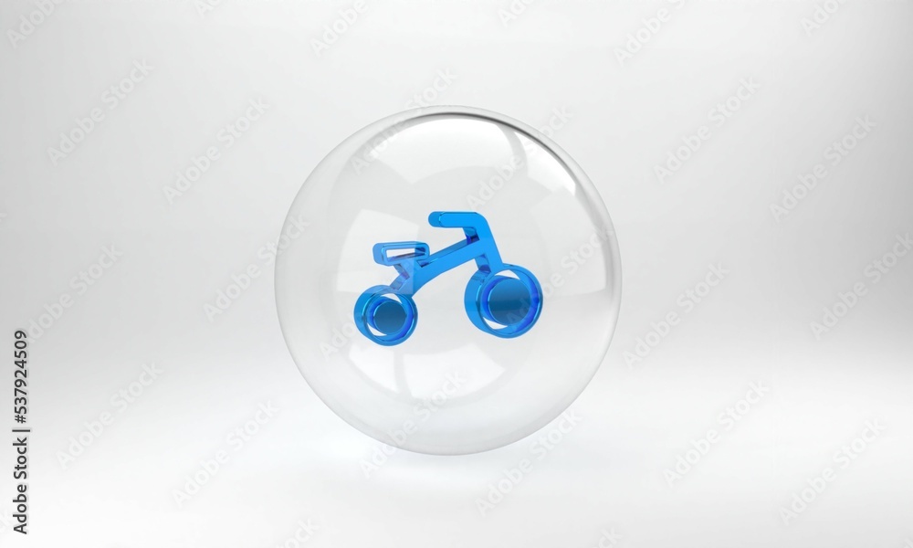 Blue Bicycle for kids icon isolated on grey background. Glass circle button. 3D render illustration