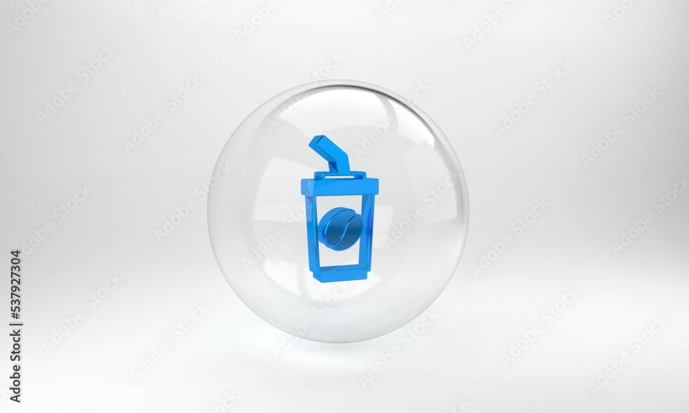 Blue Coffee cup to go icon isolated on grey background. Glass circle button. 3D render illustration