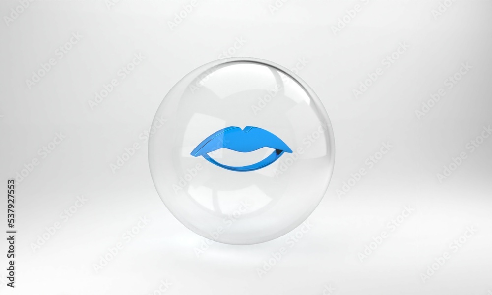 Blue Smiling lips icon isolated on grey background. Smile symbol. Glass circle button. 3D render ill