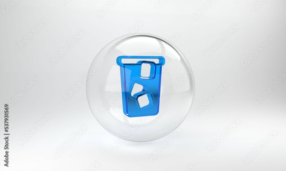 Blue Ice tea icon isolated on grey background. Iced tea. Glass circle button. 3D render illustration