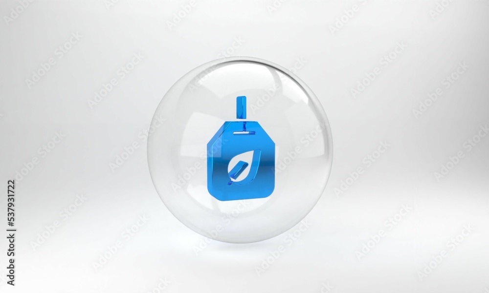 Blue Tea bag with leaf icon isolated on grey background. Glass circle button. 3D render illustration