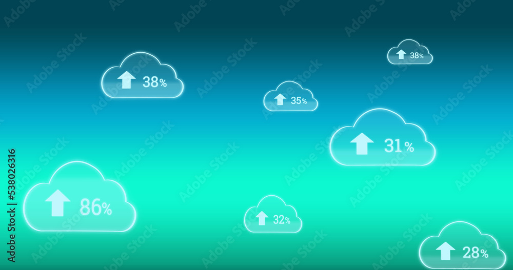 Illustration of numbers with percentage and arrow signs in clouds against blue gradient background