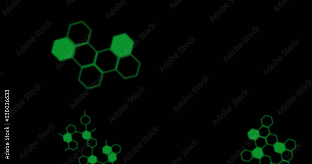 黑色背景下的绿色六边形分子插图，复制空间