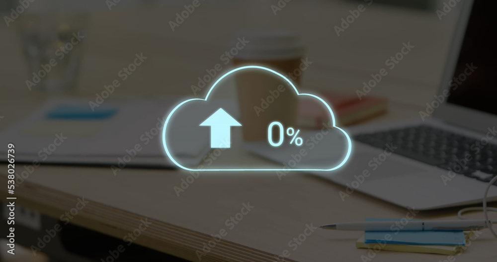 Composite of 0 number with arrow and percentage sign in cloud over laptop, coffee cup, book on table