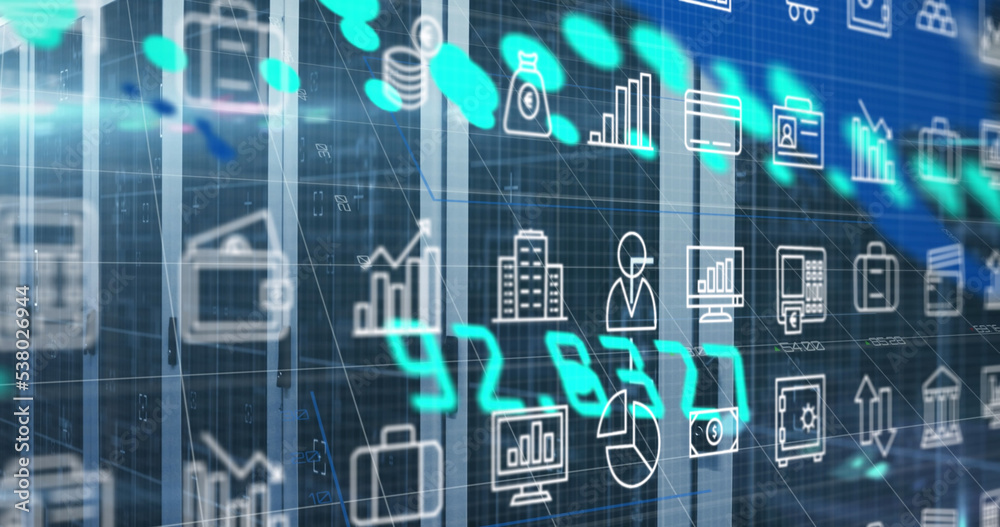 Composition of business icons and server room over data processing