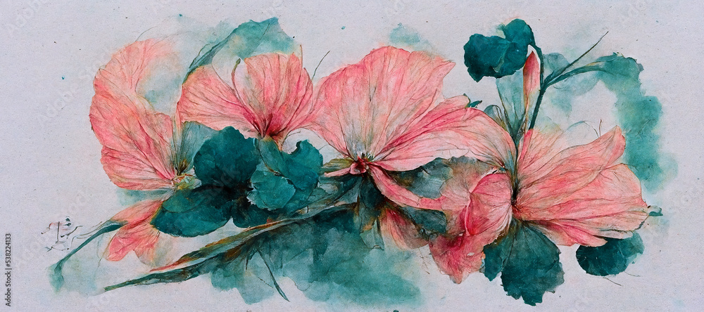 Hand-drawn watercolor of a flower with pastel red pollen and teal-colored leaves, displayed against 