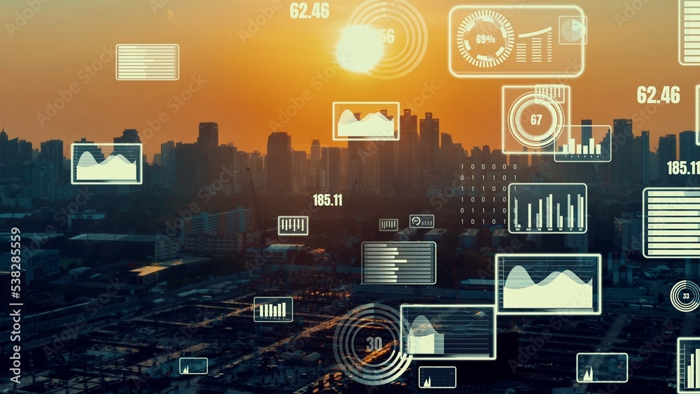 Business data analytic interface fly over smart city showing alteration future of business intellige