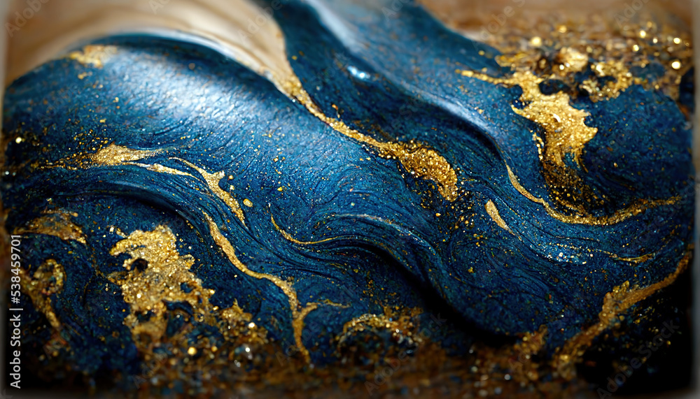 Spectacular high-quality abstract background of a whirlpool of dark blue and gold. Digital art 3D il