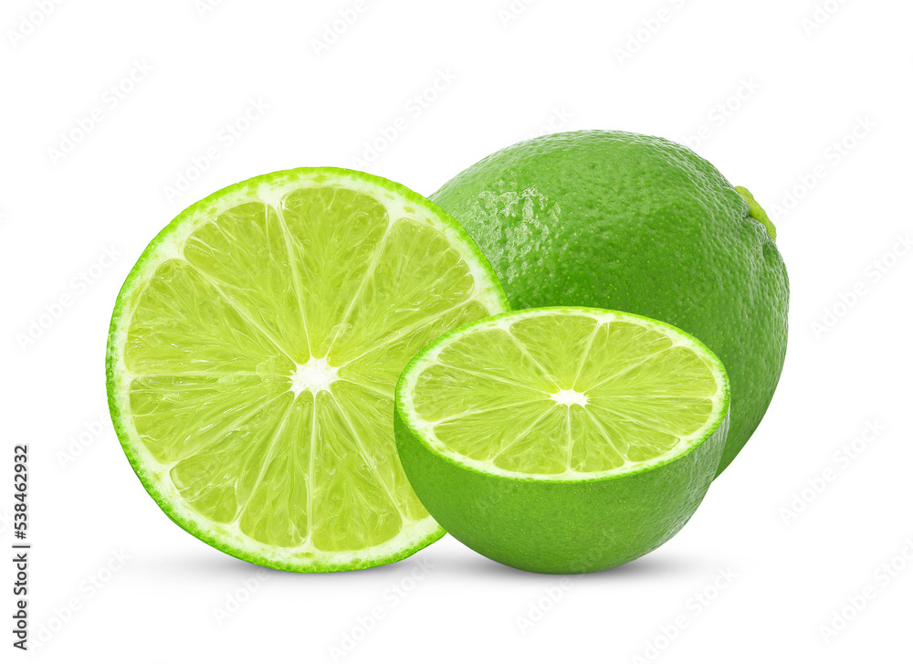 Slices of lime fruit isolated on white background.