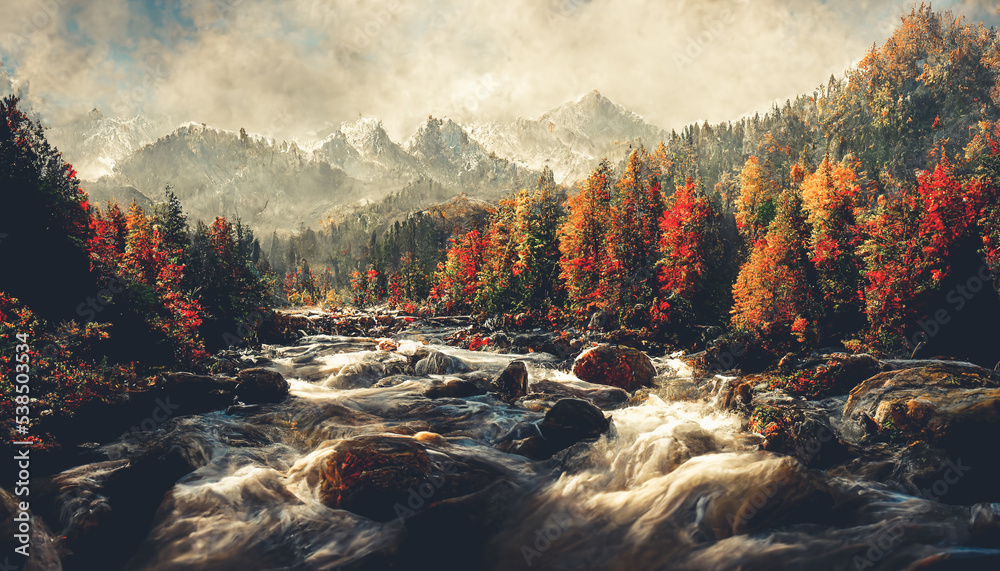 Spectacular autumnal forest panorama with a mountain range in the distance, bright orange leaves on 