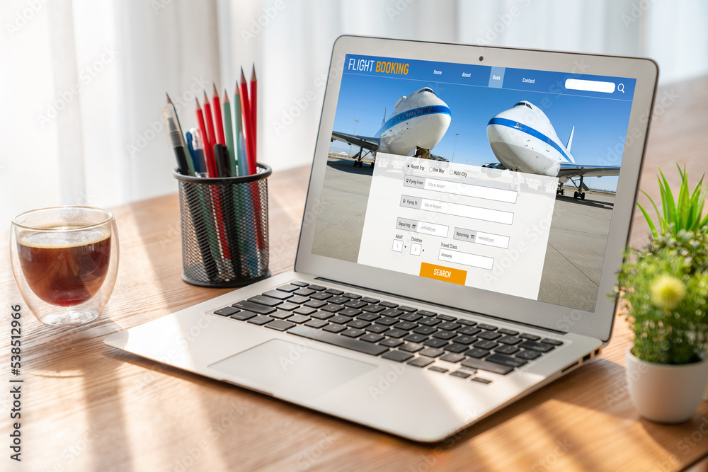 Online flight booking website provide modish reservation system . Travel technology concept .