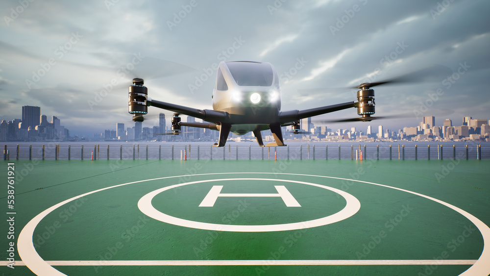 Autonomous driverless aerial vehicle fly across city, 3d render